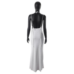 Ribbed halter self tie solid backless sleeveless maxi dress