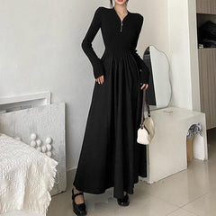 Solid long sleeve zip-up ruffle midi dress