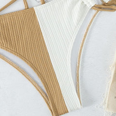 Halter contrast textured cross front self tie bikini swimwear