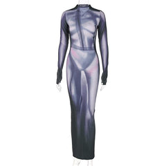 Contrast print slit long sleeve gloves high neck maxi dress