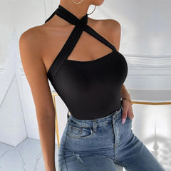 Cross front self tie hollow out solid ribbed top