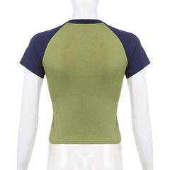 Patchwork contrast short sleeve crewneck "moody" pattern crop top