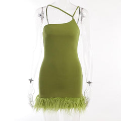Solid irregular feather patchwork backless mini dress