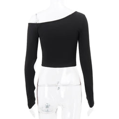 Long sleeve one shoulder button hollow out irregular solid top