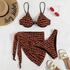 Textured contrast button irregular 3 piece swimwear