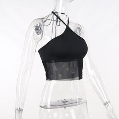 Solid halter mesh patchwork self tie backless crop top