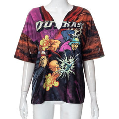 V neck comic pattern long sleeve contrast top