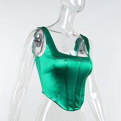 Sleeveless solid satin backless zip-up corset crop top