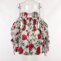 Off shoulder contrast long sleeve flower pattern backless mini dress