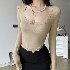 Ruched ruffle long sleeve u neck ribbed solid crop top