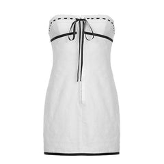 Textured contrast stitch self tie button backless tube mini dress