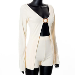 V neck long sleeve o ring slit solid crop top pant set