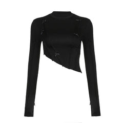 Stitch bowknot irregular solid crewneck long sleeve crop top