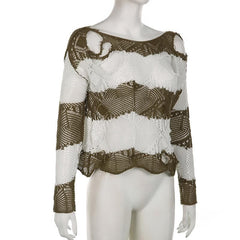 Crochet striped hollow out long sleeve top