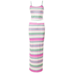 Striped backless contrast u neck slit cami maxi skirt set