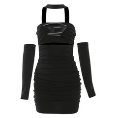 Halter "D" applique ruched gloves backless mini dress