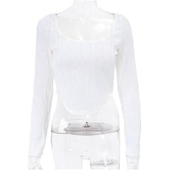 Textured u neck solid long sleeve corset crop top