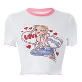 Comic pattern contrast short sleeve ruffle crewneck crop top