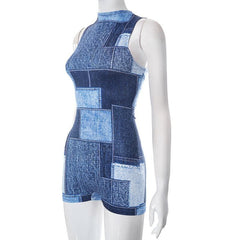 Contrast sleeveless denim print high neck romper