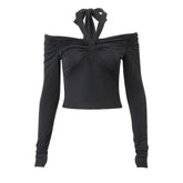 Long sleeve off shoulder halter ruched backless solid hollow out top