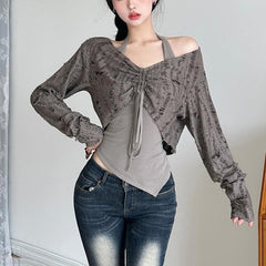 Textured drawstring halter long sleeve contrast 2 piece top