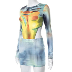 Striped long sleeve crewneck contrast bodysuit mini skirt set - Final Sale