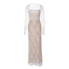 Long sleeve lace zip-up ruched shrug cami maxi dress