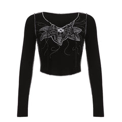 Stitch long sleeve abstract notch neck contrast crop top