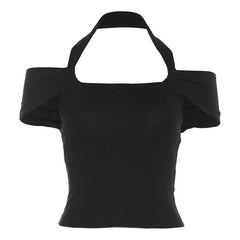 Halter ruched off shoulder solid backless top