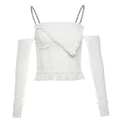 Textured solid long sleeve metal chain lace hem off shoulder top