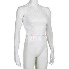 Lace up contrast lace hem sleeveless bowknot crop top