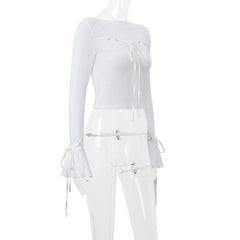 Long flared sleeve self tie stitch ribbed solid crop top