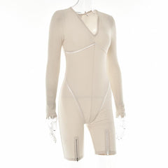 V neck solid zip-up long sleeve low cut romper
