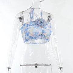 Contrast ruched halter mesh flower applique self tie crop top