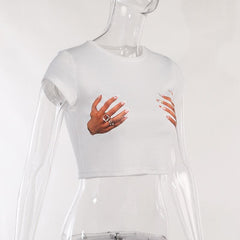Cap sleeve round neck palm pattern crop top