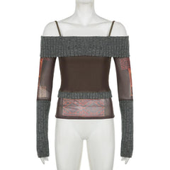 Mesh patchwork knitted contrast off shoulder long sleeve cami top