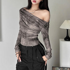 Flower applique off shoulder ruched long sleeve top