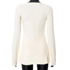 V neck long sleeve o ring slit solid crop top pant set