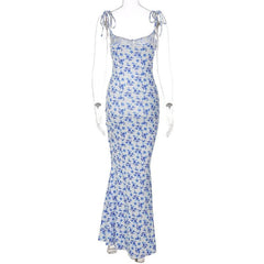 Flower print self tie backless mermaid hem maxi dress