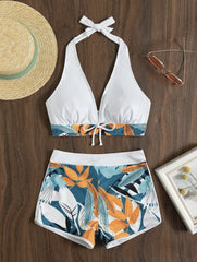 V neck contrast padded leaf pattern halter backless bikini swimwear