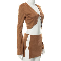 Long sleeve solid v neck slit mini skirt set