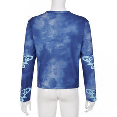 Butterfly pattern long sleeve tie dye crewneck top