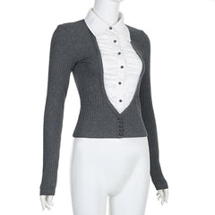 Turnover collar long sleeve button ruched contrast patchwork top