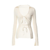 Turnover collar solid long sleeve self tie v neck crop top