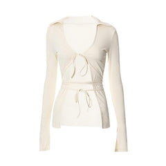 Turnover collar solid long sleeve self tie v neck crop top