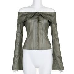 Striped off shoulder contrast long flared sleeve button top