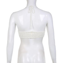 Metal chain ruched v neck halter self tie backless crochet crop top