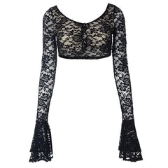 Long flared sleeve lace u neck button backless crop top