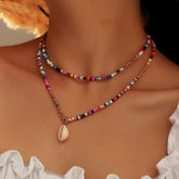 Multicolor shell pendant clay beaded layered necklace