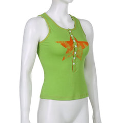 Contrast button star pattern sleeveless round neck ribbed stitch top - Final Sale